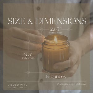 a person holding a lit candle in their hand, with measurements and text providing information about the candle's size and dimensions.