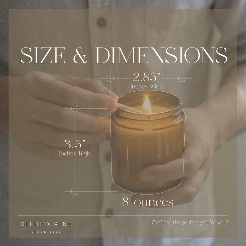 a person holding a lit candle in their hand, with measurements and text providing information about the candle's size and dimensions.