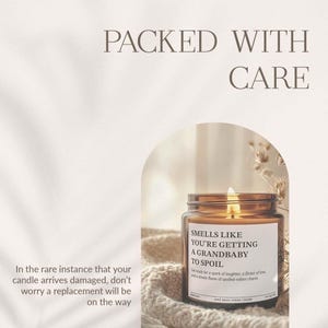a candle labeled "Smells Like You're Getting a Grandbaby to spoil" placed on a beige surface.