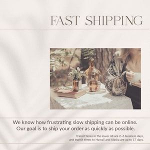 The image is a collage of two photos. In the first photo, a person is sitting at a table with a book and a vase of flowers. In the second photo, a person is sitting at a table with a cup and a vase of flowers. The text above the collage states "FAST SHIPPING" and below it, "We know how frustrating slow shipping can be online. Our goal is to ship your order as quickly as possible."