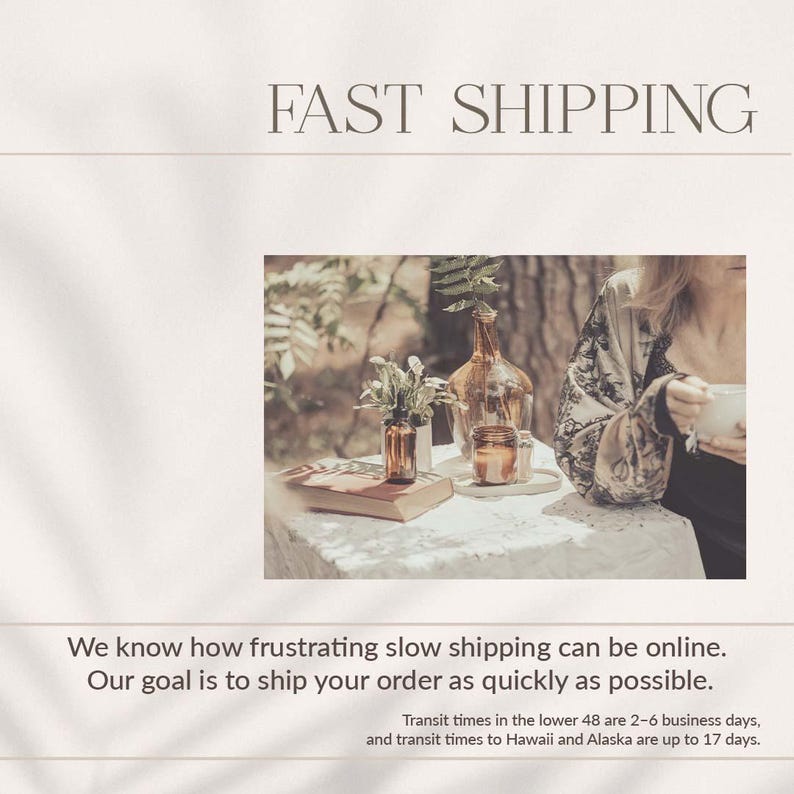 The image is a collage of two photos. In the first photo, a person is sitting at a table with a book and a vase of flowers. In the second photo, a person is sitting at a table with a cup and a vase of flowers. The text above the collage states "FAST SHIPPING" and below it, "We know how frustrating slow shipping can be online. Our goal is to ship your order as quickly as possible."