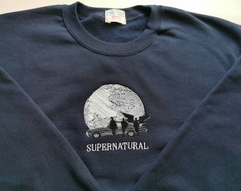Embroidered crewneck sweatshirt gold hoodie t-shirt - dean winchester castiel Sam winchester baby car moon sweat spn