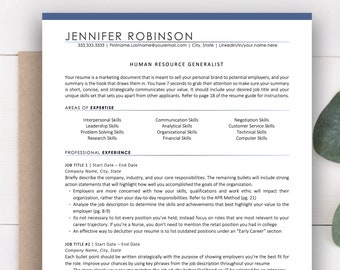 May include: A resume template with the title "Human Resource Generalist" and a list of skills and experience. The resume is formatted with a blue header and black text.