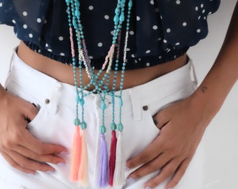 Vibes - Collier Pompon Pêche, Collier Boho, Bijoux Spirituels