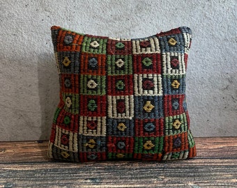 Vintage Turkish Kilim Pillow 16''x16'' Decorative Pillow Cover 40x40 cm Kilim Cushion Handwoven Wool Outdoor Kilim Rug Pillow No:6061