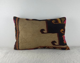 Handwoven Wool and Zipper Kilim Pillow | Traditional Farmhouse Decor 16x24 Cushion No:2864