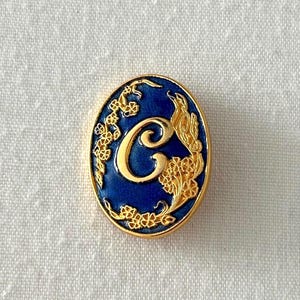 Vintage Letter C Brooch, Blue Enamel Gold Tone Monogram Initial Pin (England)