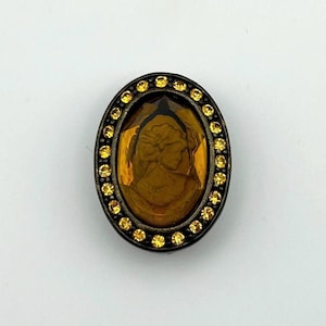 Vintage Amber Glass Cameo Brooch, Rhinestone Frame, Gold Tone
