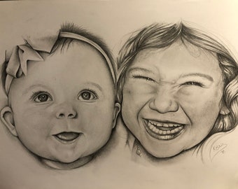 May include: Pencil drawing of two children. One is a baby with a bow headband, smiling. The other is an older child, winking and laughing. The artwork is signed "Kaitz '18".