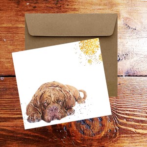 Bordeauxdog kerstwenskaart. Bordeauxdog aquarel kunstkaart, DDB art wenskaart, Bordeauxdog aquarel kaart