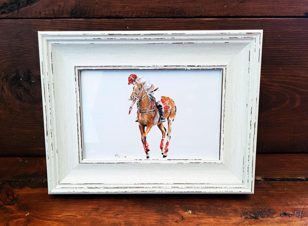 Polo Player Print 17x12cm – White Rustic Frame | Equestrian Sport