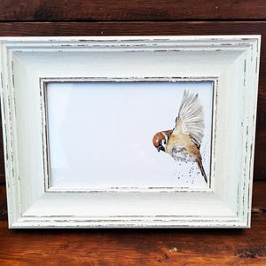 Sparrow Mini Art Print – 17x12cm Rustic Framed Watercolor | Woodland Bird Wall Art, Countryside Decor, Gift for Sparrow & Nature Lovers