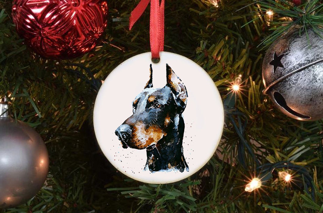 Doberman Ceramic Circle Tree Decoration. Doberman Xmas Tree Decoration