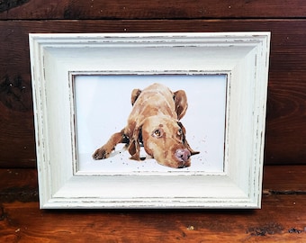 Vizsla Print 17x12cm – White Rustic Frame | Hungarian Pointer Wall Art, Gift for Vizsla Owners