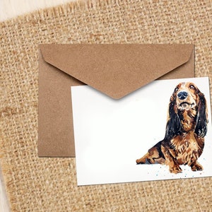 Cartão de saudação/nota de Dachshund de cabelos compridos. Cartões de Dachshund, cartões de notas de Dachshund de cabelos compridos, cartões de felicitações de arte de Dachshund de cabelos compridos
