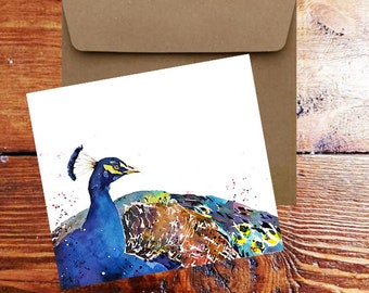 Tarjeta de felicitación de pavo real . Tarjeta de arte de acuarela de pavo real, tarjeta de felicitación de arte de pavo real, tarjeta de acuarela de pavo real