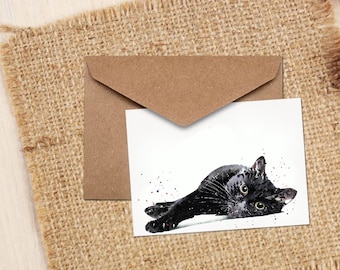 Cartão de felicitações/notas em aquarela de gato preto - cartão de arte de gato preto, cartão de felicitações de gato, cartão de felicitações de gatinho, cartão de felicitações em aquarela de gato preto