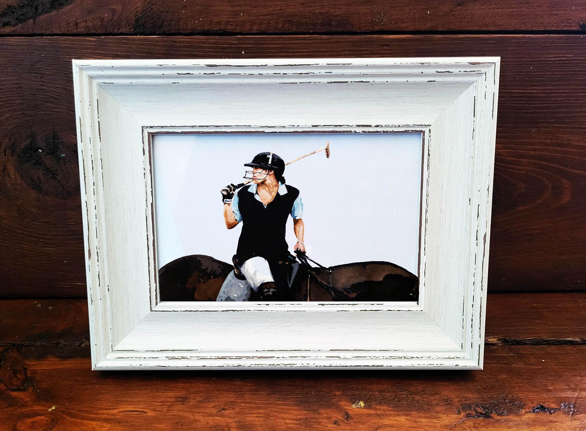 Polo Player Print 17x12cm – White Rustic Frame | Equestrian Sport