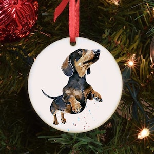 Black and Tan Dachshund Round Tree Decoration.Doxie Xmas Tree Decoration, Dachshund Christmas Tree Ornament, Doxie Christmas Tree Decor
