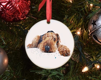 Airedale Terrier II Ceramic Circle Tree Decoration.Airedale Terrier Xmas Tree Decoration, Airedale Terrier Christmas Tree Ornament