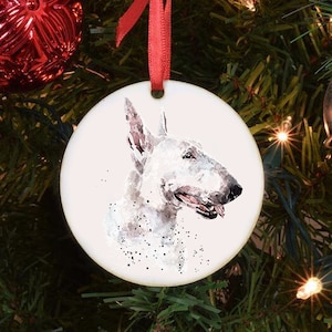 Adorno redondo para árbol de Bull Terrier. Adorno navideño para árbol de Bull Terrier. Adorno navideño para árbol de Bull Terrier. Decoración para árbol de Bull Terrier.