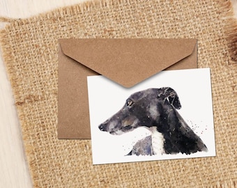 May include: A watercolor painting of a black and white Greyhound dog with a white background. The dog is looking to the left of the image.