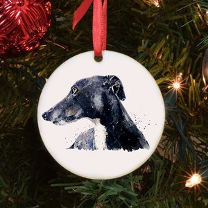 Decorazione dell'albero di Natale rotondo del levriero-Ornamento dell'albero di Natale del levriero, ornamento dell'albero di Natale del whippet, ornamento del cane grigio