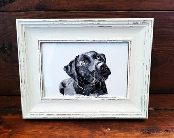 Labradortryck 17 x 12 cm – Vit rustik ram | Väggkonst med vänlig hund, present till labradorälskare