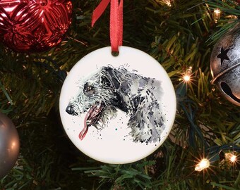 Irish Wolfhound II Ceramic Circle Tree Decoration. Irish Wolfhound Xmas Tree Decoration, Irish Wolfhound Christmas Tree Ornament