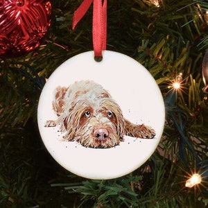 Decoração de árvore de Natal em círculo de cerâmica Vizsla III de pêlo metálico. Decoração de árvore de Natal Vizsla de pêlo metálico, enfeite de árvore de Natal Vizsla de pêlo metálico