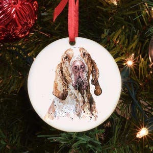 Puede incluir: Adorno navideño redondo con una pintura de acuarela de la cara de un perro. El perro tiene pelo marrón y blanco, orejas largas y caídas y una nariz rosada. El adorno cuelga de una cinta roja sobre un fondo de árbol de Navidad.