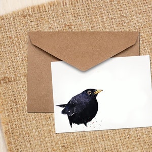 Cartão de saudação/nota de arte em aquarela de pássaro preto. Cartões de pássaros pretos, cartões de BirdArt pretos, cartões de cumprimentos de pássaros pretos