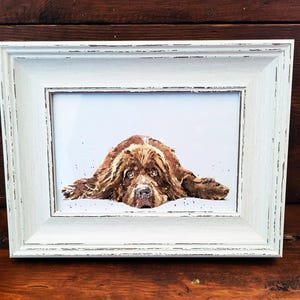Newfoundland-hond minikunstafdruk 17 x 12 cm – ingelijste witte rustieke lijst (diverse) Newfie-hond kunstafdruk ingelijst, Newfie-hondendecoratie, cadeau Newfie-liefhebber