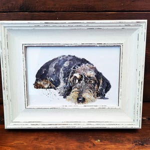 Drahthaardackel Mini Art Print 17 x 12 cm – Weißes Rustikales Hundeportrait mit Rahmen – Dackel Geschenk, Hundewelpe, Edswatercolours