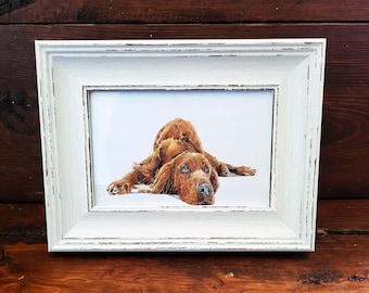 Irish Red Setter Mini Art Print 17x12cm – Framed White Rustic Frame | Setter Dog Wall Art, Irish Setter Decor, Gift for Red Setter Lovers
