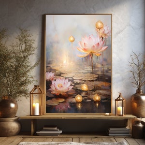 Sparkling Lotus Flowers Painting, Pond Of Lotus Flowers & Mystic Lights Poster, Spiritual Lotus Art Print Collection, Aestetic Flower Decor