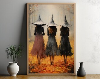 Witches Coven Autumn Art Print, Spiritual Mystical Witch Poster, Magical Enchanting Witch Sisters, Halloween Forest Fall Wall Decor