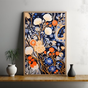 Floral Navy Blue & Orange Flowers Wall Art Poster Print, Botanical Abstract Flower Illustration, Modern Home Decor, Living Room Wall Hanging