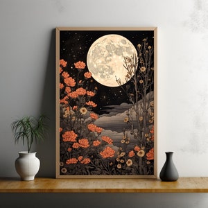 Vintage Moon Flowers Painting, Mystic Whimsigoth Art Print, Celestial Cottagecore Wildflowers Poster, Floral Spiritual Moonlight Wall Decor