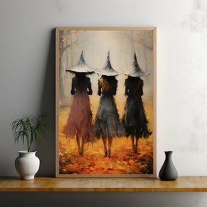 Stampa artistica autunnale della congrega delle streghe, poster spirituale della strega mistica, magiche sorelle streghe incantatrici, decorazione della parete autunnale della foresta di Halloween