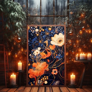 Pôster de flores abstratas laranja e azul, impressão floral de arte de parede, decoração de casa botânica, suspensão de parede moderna para sala de estar, pôster de flores grandes