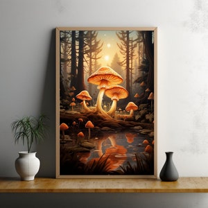 Impresión de arte de setas del bosque, cartel de Cottagecore de la Academia Oscura Nostalgia, pintura de la naturaleza de setas brillantes, decoración de la pared del romanticismo mágico