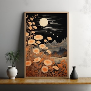 Vintage Desert Moon Painting, Whimsigoth Flower Vintage Style Art Print, Celestial Cottagecore Poster, Floral Spiritual Moonlight Wall Decor
