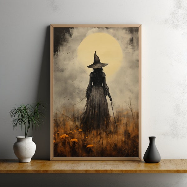 Vintage Moonlight Witch Painting, Autumn Art Print, Mystical Witch Poster, Magical Enchanting Witch Prints, Halloween Night Fall Wall Decor