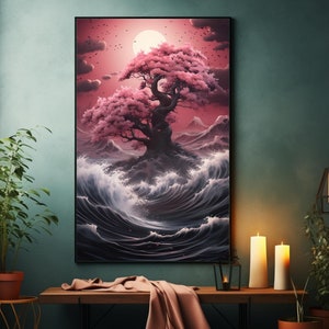 Könnte beinhalten: Ein digitales Gemälde eines rosa Kirschbaums, der aus einem stürmischen Meer wächst. Der Baum ist vor einem rosa und violetten Himmel mit einem Vollmond silhouettiert.
