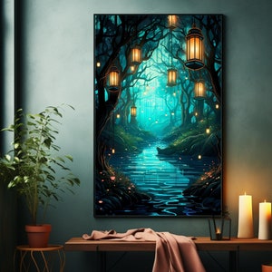 Spiritual Lantern Forest Art Print, Forest Of Lights Magic Fairy Poster, Spiritual Forest Wall Art, Fantasy Lanterns Painting Wall Prints