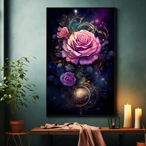 Cartel de rosas salvajes rosadas místicas, rosas con arte de pared de adornos, regalo para el día de San Valentín, cartel de rosas, impresión de arte de pared abstracta floral, magia