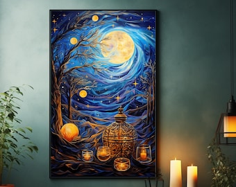 Spiritual Candles & Lights by Moonlight, Yoga Room Decor, Spiritual Wall Art Print, Magic Lights Poster, Moon Painting inspired by Van Gogh