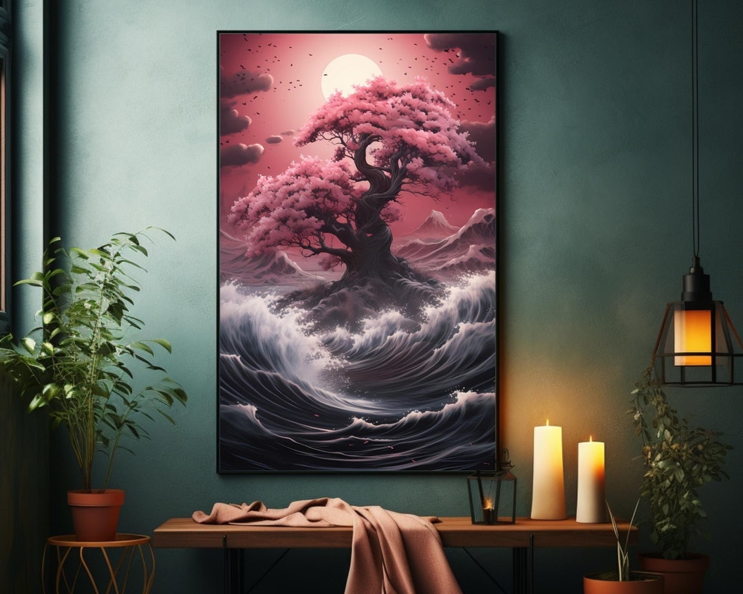 Cherry Blossom Tree in a Sea Storm I Fantasy Art Print I Tree Art ...
