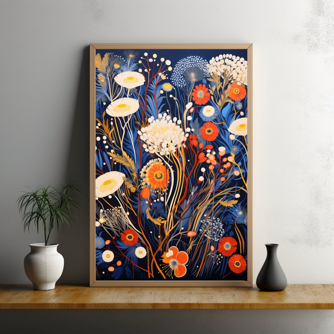 Abstract Blue Orange Flowers, Floral Wall Art Print, Botanical ...